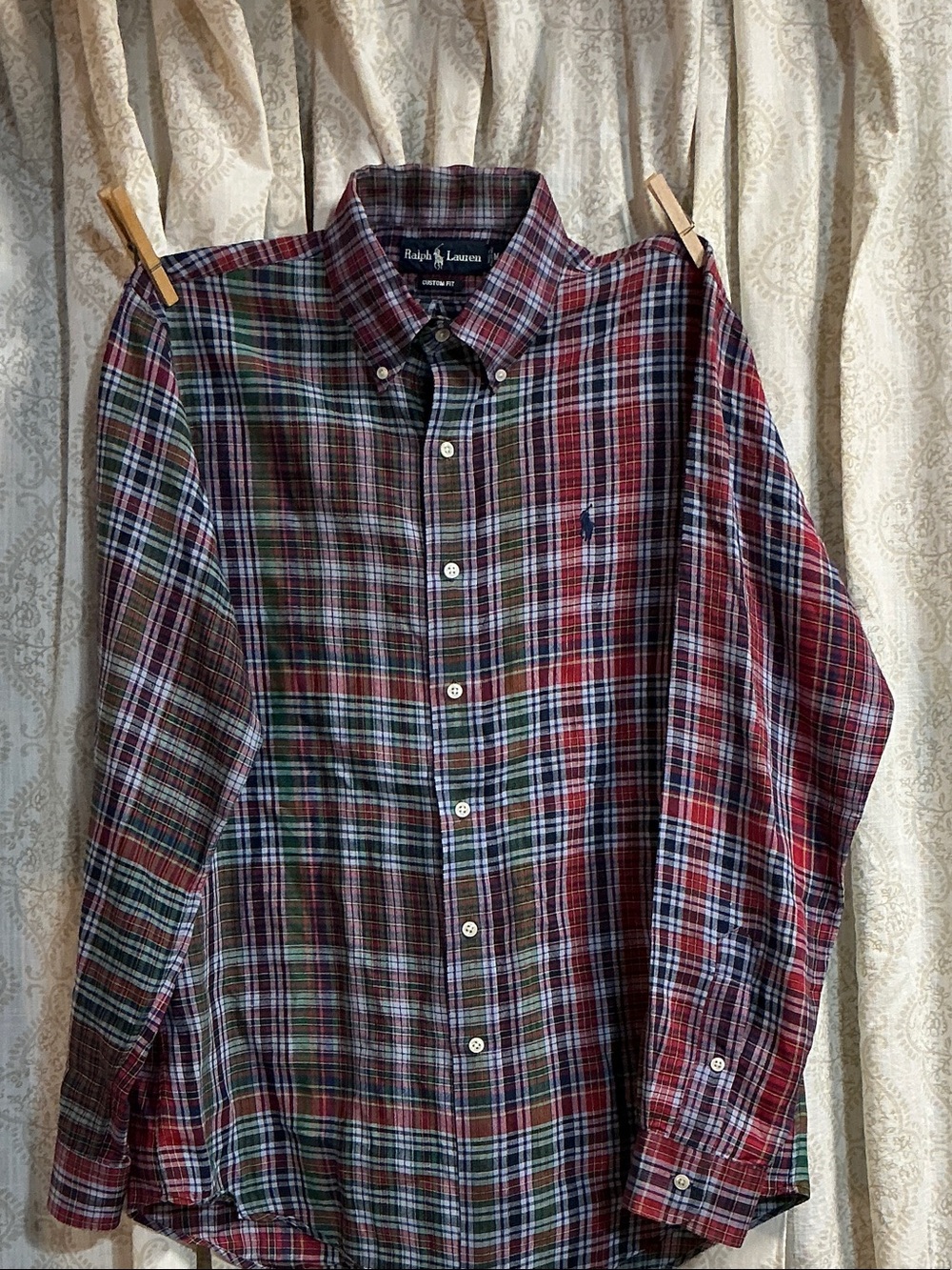 Ralph Lauren Men’s  LINEN Red and Green Plaid Button-Down Shirt